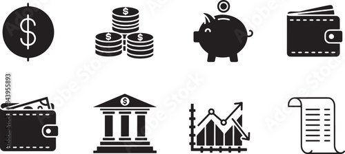 Financial icons set including dollar sign coins piggy bank wallet bank building graph and document. These symbols represent money savings banking and financial growth