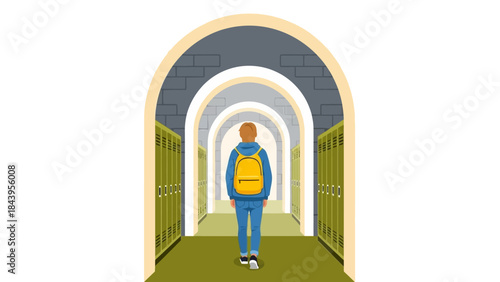 Student in bright backpack walking through school hall with lockers