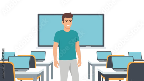 Smiling teacher in modern classroom with laptops and interactive screen