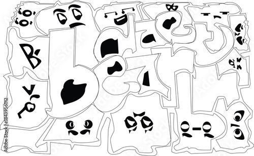 Abstract Doodle Art with Cartoon Faces and Letters.