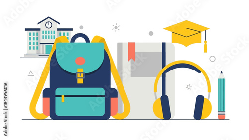 Flat design education elements with backpack, books, and graduation cap