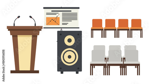 Conference setup with podium, speaker, presentation board, and chairs