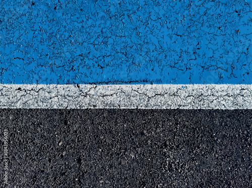 Asphalt road surface with blue and white painted line, urban street marking detail, rough textured pavement background, abstract transportation concept with copy space and minimal composition vector.