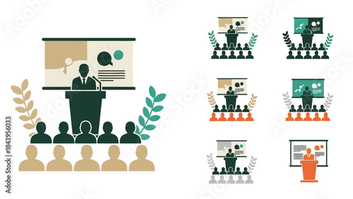 Conference presentation icons set: flat style business seminar and speaker illustrations