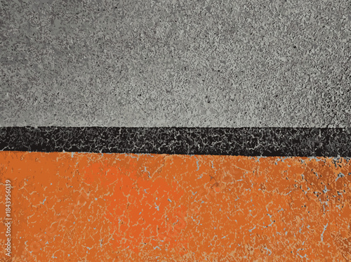 Abstract asphalt surface with orange, black and gray painted stripes, textured road marking background, urban pavement detail with color contrast, minimal composition and copy space.