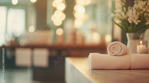 A bathroom with a bathtub and a counter with a stack of white towels