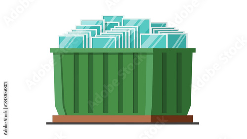 Recycling bin filled with glass panels in modern flat design