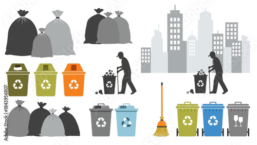 Urban cleanup and waste management icons in flat style with cityscape background