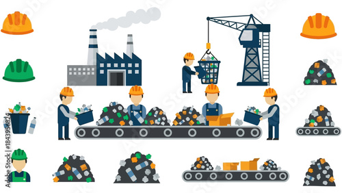 Recycling process and waste management with workers in hard hats