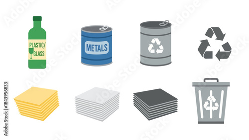 Recycling bin categories icon set featuring glass, metal, paper, and plastic with flat style design