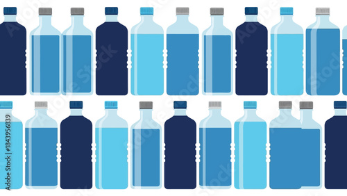 Seamless pattern of blue plastic water bottles with varied caps