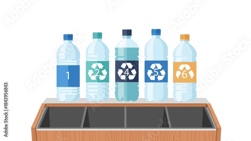 Recycling bin with numbered plastic bottles for eco-friendly waste sorting