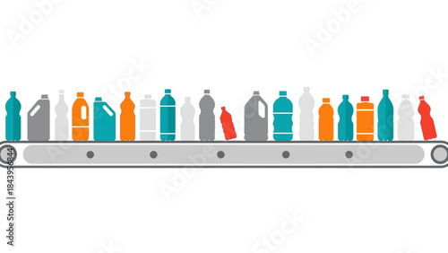 Conveyor belt with various colorful plastic bottles in flat style