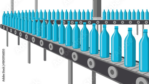 Bottling factory conveyor with blue bottles in isometric perspective