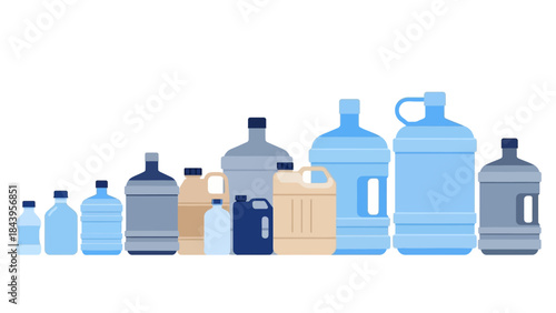 Assorted plastic bottles in flat design on white background