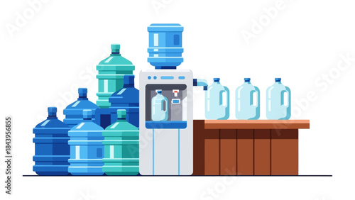 Water dispenser and bottles in modern flat design for office and home