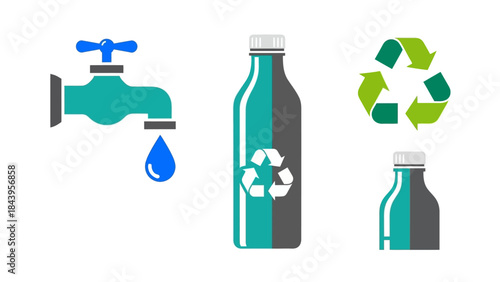 Sustainable living concept with recycle icons and water conservation graphics