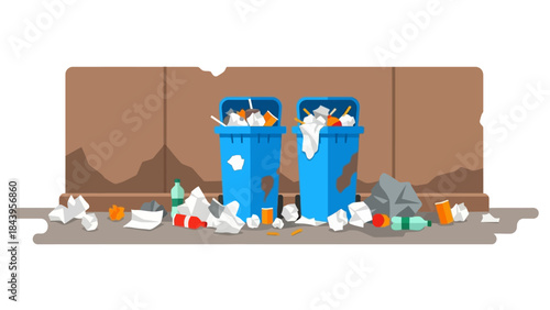 Overflowing blue trash bins against a graffiti wall with scattered litter