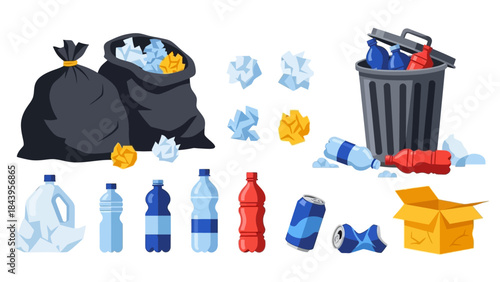 Recycling and waste management: bottles, cans, and bags in flat design
