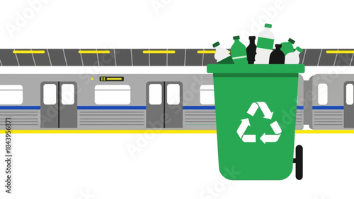Flat design urban recycling bin with train in background for eco-friendly commute concept