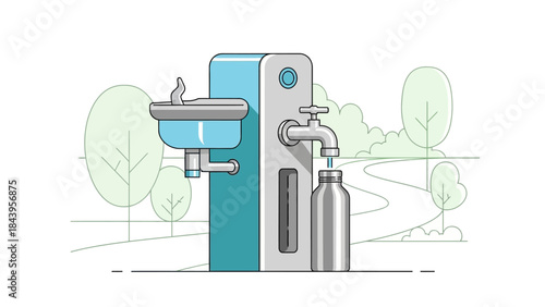 Modern drinking fountain design in park setting