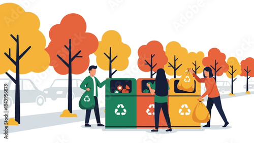 Eco-friendly practices: people engaging in autumn park recycling activity