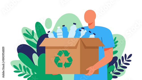 Eco-friendly recycling concept with person holding box of plastic bottles in nature setting