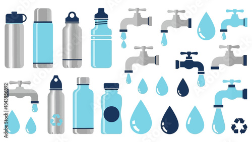 Eco-friendly water conservation icons: bottles, faucets, and water drops in flat design