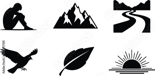 Flat design icon set showing silhouette person sitting head down mountain range winding road flying bird leaf and sunrise symbols isolated black minimal bold vector monochrome