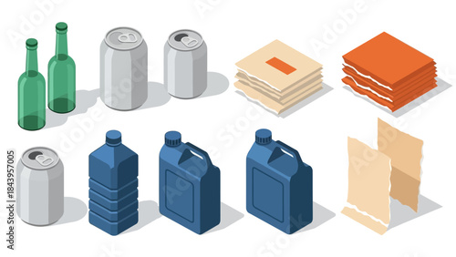 Isometric recycling set: glass, metal, plastic, and paper waste icons