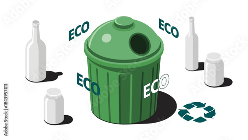 Eco-friendly recycling bin in green with white bottles and recycle symbol in isometric design