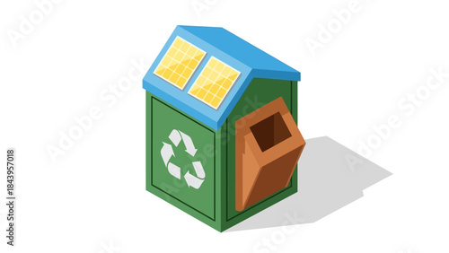 Isometric solar-powered recycling bin with solar panels and recycle symbol on white background