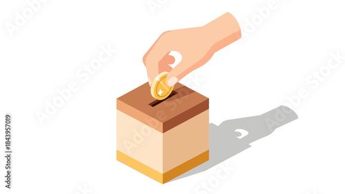 Hand dropping coin into box in isometric style on white background