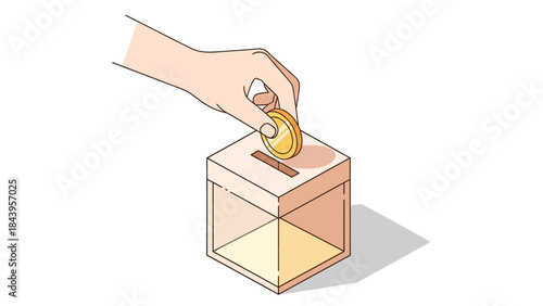 Hand dropping coin into donation box with minimalist design style
