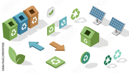 Isometric eco design with recycling bins and solar panels for sustainable living