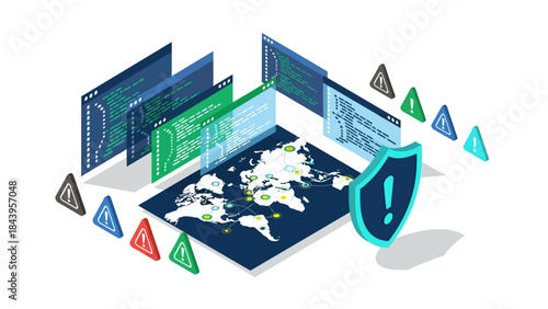 Global cybersecurity network visualization with data protection shield