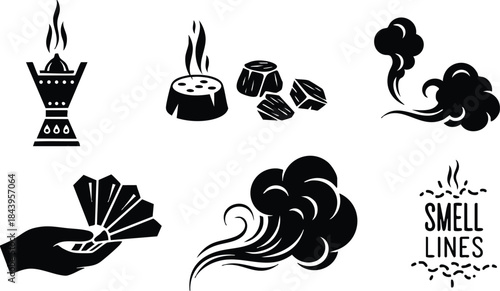 Flat design black scent and smoke icon set including incense burner steaming food aroma cloud hand fan waving smell lines minimal vector icons simple bold silhouette