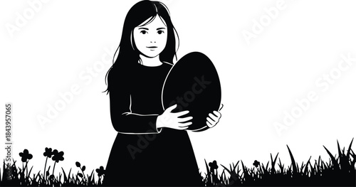 Silhouette vector close up low angle girl holding large egg shape looking at camera standing in grassy meadow with wildflowers monochrome minimal flat illustration quiet mood