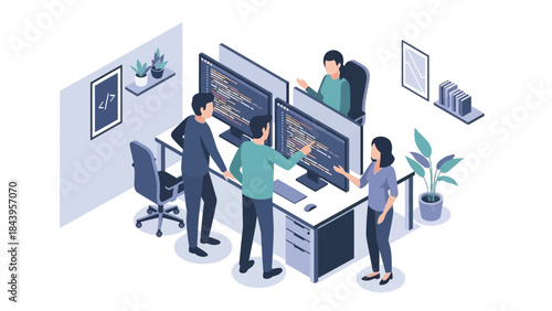 Collaborative teamwork in a modern office: developers discussing code in a sleek workspace