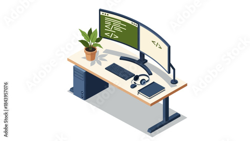 Modern workspace with dual monitors and coding setup isometric design