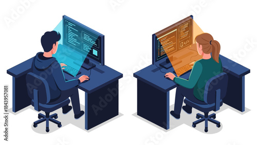 Isometric office workspace with programmers collaborating on code