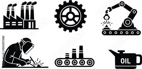 Flat design industrial icon set showing factory gear robotic arm welding worker conveyor and oil can isolated on white background bold silhouette front view close up