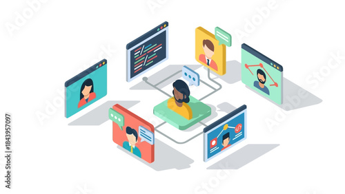 Virtual team meeting in isometric design with connected communication screens