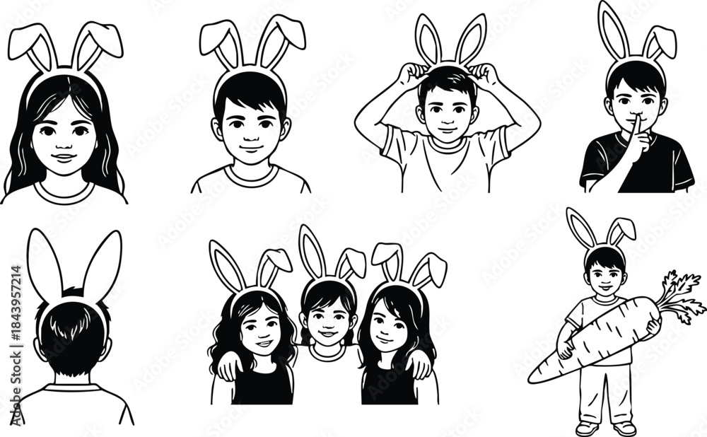 Fototapeta premium Line art illustration sheet showing children wearing bunny ears in varied headshot and group poses including back view and child holding large carrot smiling easter cute