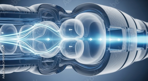 Crosssectional illustration of a bioinspired soft actuator demonstrating airflow paths and expansion chambers in pneumatic cycle experiments.