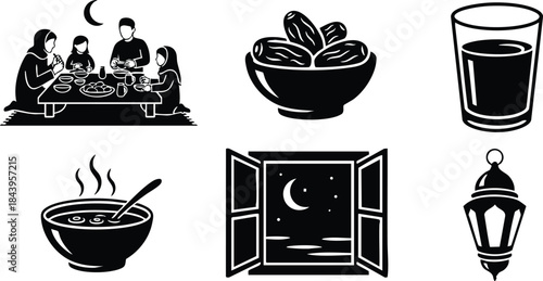 Flat silhouette icon set showing family sitting at low table breaking fast during ramadan under crescent moon with dates bowl glass of water soup bowl lantern