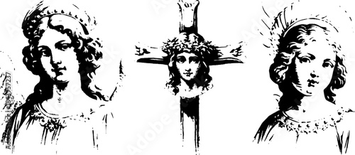 Vintage Sacred Female Saints Silhouettes in Xerography Halftone Style, Retro Religious Illustration on Transparent Background