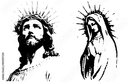 Vintage Sacred Jesus and Virgin Mary Silhouettes in Xerography Halftone Style, Retro Religious Illustration on Transparent Background