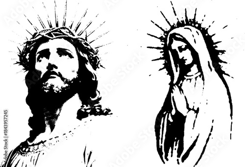Vintage Sacred Jesus and Virgin Mary Silhouettes in Xerography Halftone Style, Retro Religious Illustration on Transparent Background