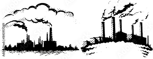 Vintage Industrial City and Factory Silhouettes in Xerography Halftone Style, Retro Urban Industry Illustration on Transparent Background